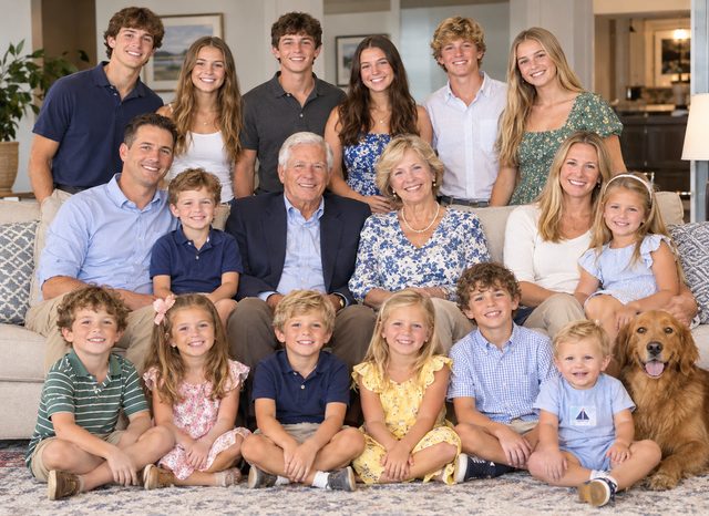 Three generations of a large family and their dog gathered in a living room