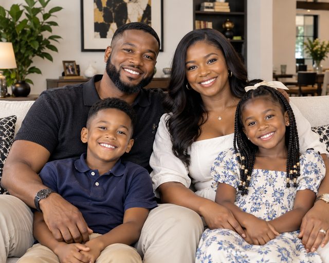 A young family of four smiling together on a sofa