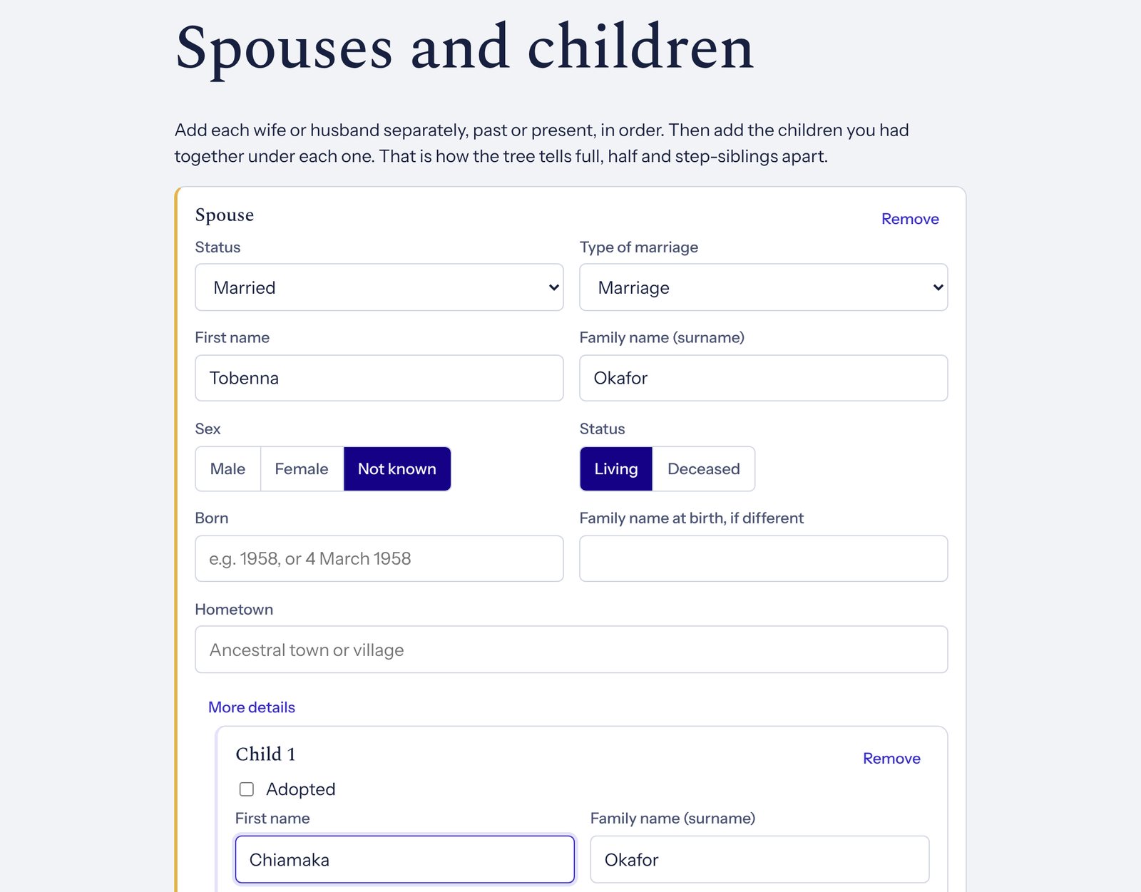 The start form, with a spouse and a child being added